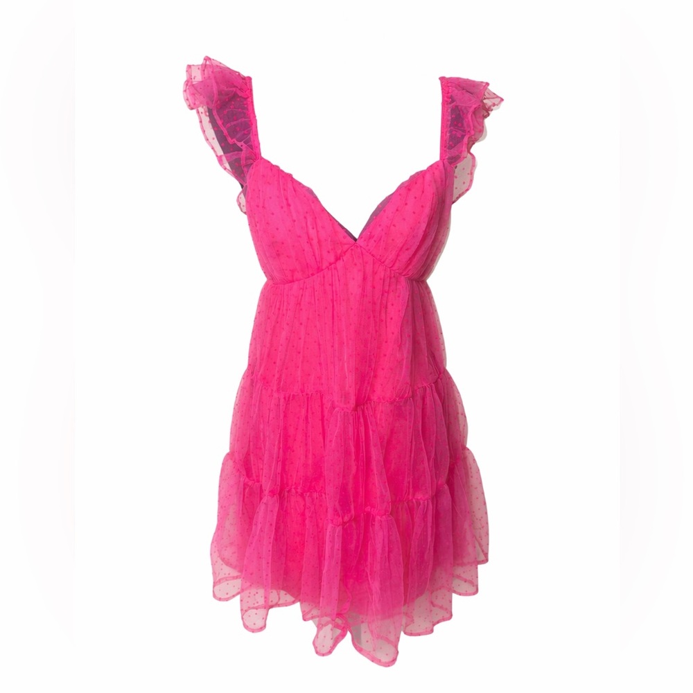 Lush Fuchsia‎ Polka Dot Ruffle Tiered Mini Dress Open Back Tie Barbiecore- Small